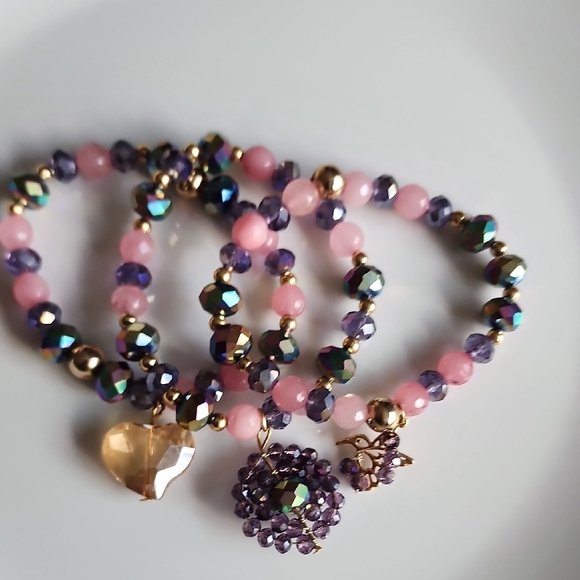 Chic Pink and Purple Beaded Bracelet Set with Gold Accents - Picture 3 of 3